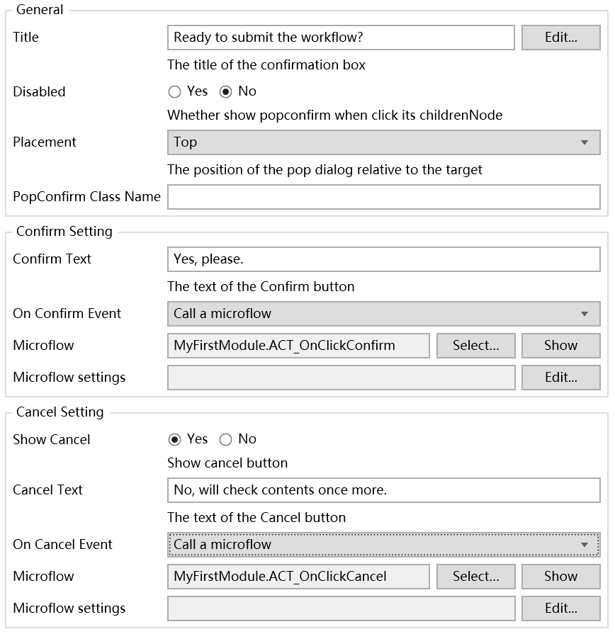 PopConfirm Component Configuration Example